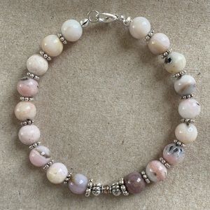 Genuine 8mm Pink Opal and Silver Tone Accents Bracelet 7.5 Inches